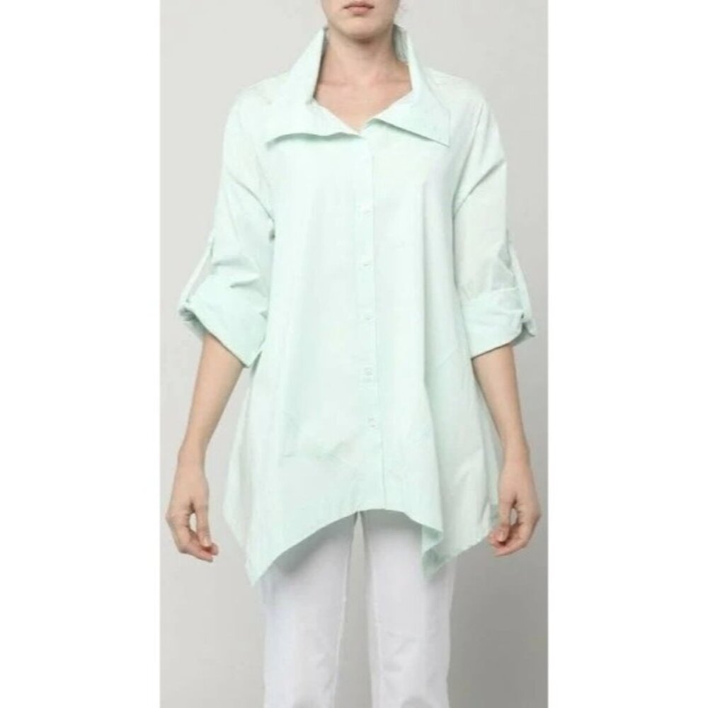 Inae Collection Mint Green Button-Down Asymmetrical Hem Shirt Womens S Cotton/Ny